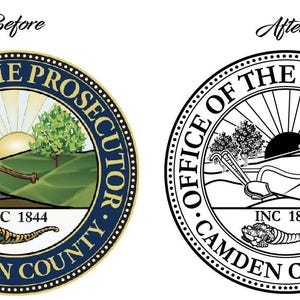 May include: Black and white illustration of a seal with the text "Office of the Prosecutor, Camden County, Inc. 1844". The seal features a sun, two trees, and a plow.