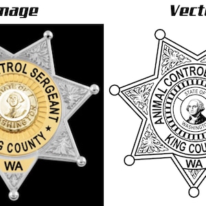 以下が含まれることがあります： 「Animal Control Sergeant」と「King County, WA」の文字が周囲に書かれた、銀と金の6角形の星型のバッジ。バッジの中央には、小さな円の中に「State of Washington」の文字と男性の肖像画が描かれている。
