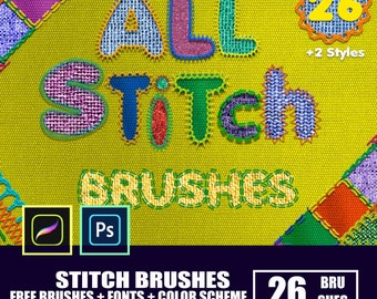 May include: A set of 26 stitch brushes for Adobe Photoshop. The brushes are designed to create a stitched effect, with a variety of colors and styles. The image also includes the text "ALL STITCH BRUSHES" and "FREE BRUSHES + FONTS + COLOR SCHEME COME AFTER PURCHASING".