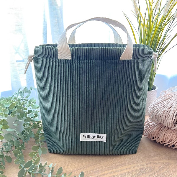 Large Sage Green Craft Bag, Knitting Crochet Project Bag, Drawstring Bag, Tote, Gift for Knitters, Travel Bag, Holdall,  Corduroy Bag