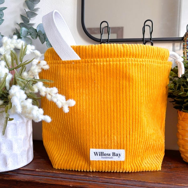Medium Mustard Craft Bag, Knitting Crochet Project Bag, Drawstring Bag, Tote, Gift for Knitters, Travel Bag, Holdall,  Corduroy Bag