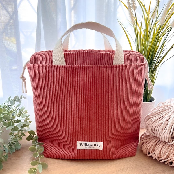 Große Terrakotta Handwerk Tasche, Stricken Häkeln Projekt Tasche, Kordelzug, Tote, Geschenk für Strickerinnen, Reisetasche, Reisetasche, Cord Tasche