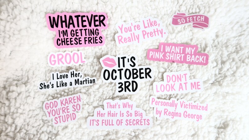 Op de afbeelding: Een verzameling roze en witte stickers met verschillende zinnen en ontwerpen, waaronder "Whatever I'm Getting Cheese Fries", "Grool I Love Her, She's Like a Martian", "It's October 3rd", "You're Like, Really Pretty", "So Fetch", "I Want My Pink Shirt Back!" en "Don't Look At Me".