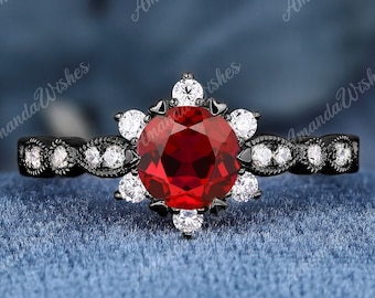 Elegant Engagement Ring Round Cut Lab Created Ruby K Solid Black Gold Ring For Women Wedding Ring Luxury Promise Anniversary Gifts For Her