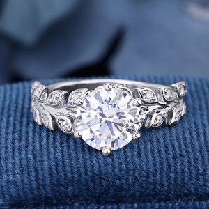 2.0CT VVS Clarity Round Cut Moissanite K Gold Ring For Her Engagement Ring Bridal Ring Leaf Elegant Ring Gifts For Women