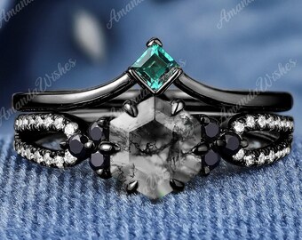 Schwarz K Solid Gold Ring Hexagon Cut natürliche Moosachat Ring für Frauen, Verlobung, Hochzeit Band Geschenke für ihre Braut Ring Set