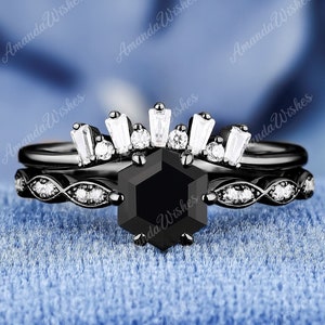 Bridal Set Hexagon Cut Natural Black Onyx 925 Sterling Silver Black Gold Plated Ring For Her Promise Anniversary Engagement Ring