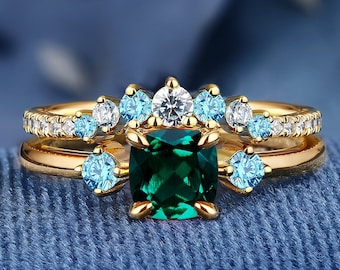 Kussen vorm Lab creëerde Emerald K Solid Gold Ring Set voor vrouwen bruidsset luxe verlovingsband trouwring verjaardagscadeaus voor haar