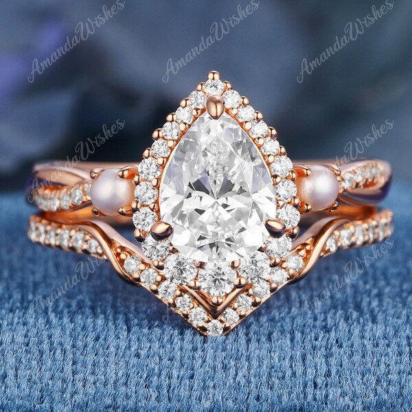 Natural Pearl Engagement Ring Wedding Band K Solid Gold Ring Set Handmade Pear Cut Moissanite Ring Set Birthstone Set Anniversary Ring
