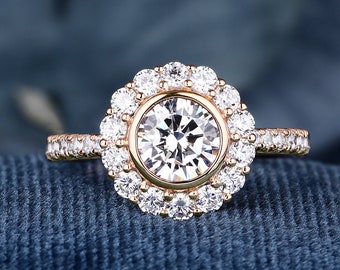 Jubiläumsgeschenke Rundschliff Moissanit K Solid Gold Ring Halo Ring für Frauen Versprechen Verlobung Hochzeit Band Geschenke für Sie