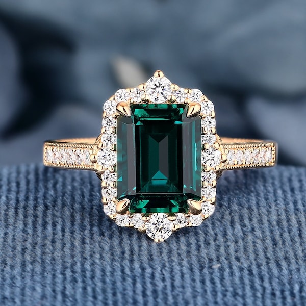 Emerald Cut Green Lab Created Emerald K Solid Gold Ring Promise Gifts For Her Engagement Wedding Anniversary Handmade Gold Ring