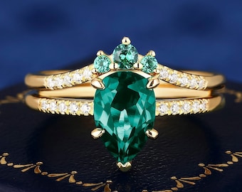 K Solid Gold Ring Set Pear Cut Green Lab Created Emerald Ring For Women Engagement Wedding Band Gifts For Her Bridal Set