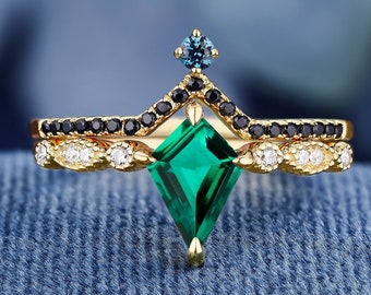 K Solid Gold Kite Shape Lab creëerde Emerald Ring Set voor vrouwen Verloving Trouwband geschenken voor haar bruids gouden ring set
