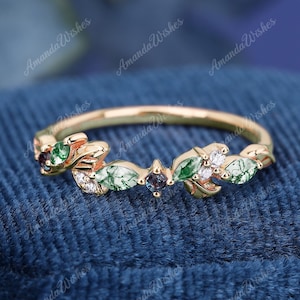 Leaf Wedding Band Natural Moss Agate 925 Sterling Silver Ring Alexandrite Gemstone For Women Engagement Elegant Handmade Ring
