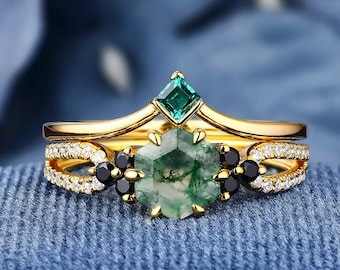 K Solid Gold Ring Set Hexagon Cut Natürlicher Moos Achat Ring für Frauen Verlobung Ehering Geschenke für Sie Brautring Set