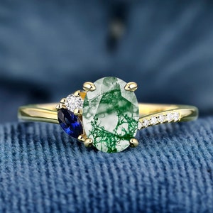 Bridal Ring Rose Oval Cut Natural Moss Agate K Solid Gold Ring For Women Engagement Wedding Band Promise Handmade Gold Ring Gifts