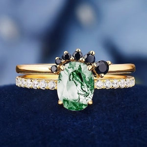 Ensemble de bagues en argent sterling 925 avec agate mousse naturelle de coupe ovale pour femme, cadeaux de fiançailles pour elle, ensemble de bagues de mariée en argent