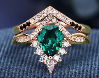 Edelsteen Ring Set Handgemaakte Bruidsset K Solid Gold Ring Green Lab Gemaakt Emerald Ring Verlovingsring Trouwring Promise Ring Set