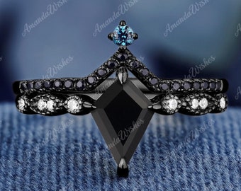 Black 925 Sterling Silver Kite Shape Natural Black Onyx Ring Set For Women Engagement Ring Gifts For Her Bridal Set Gold Ring Set