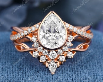Moissanite Ring Set Birthstone Pear Cut Ring Set Anniversary Ring Set Engagement Ring Wedding Band K Solid Gold Ring Set Handmade Stackable