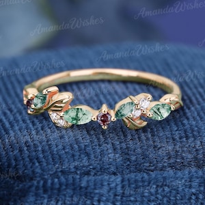 Marquise shape Leaf vine moss agate wedding band Solid gold ring Dainty ring Anniversary gifts Alexandrite elegant handmade Ring for her