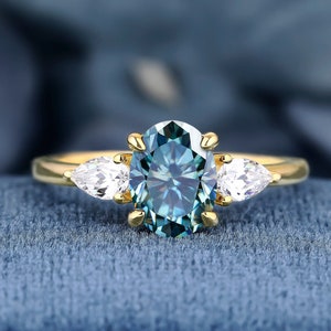 Oval Cut Teal Blue Moissanite K Solid Gold Ring For Women Engagement Wedding Band Luxury Handmade Ring Gifts For Her Three Stone Ring