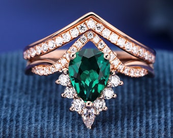 Groene Edelsteen K Massief Gouden Ring Set Handgemaakte Ring Voor Haar Bruids Set Verlovingsring Luxe Moissanite Emerald Ring Verjaardag Ring Set