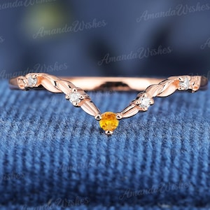 Natural Citrine anniversary band Solid 10k/14k/18k gold wedding band Moissanite matching band Nature inspired leaf band Handmade ring