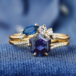 925 Sterling Silver Hexagon Cut Alexandrite Ring Set For Women Engagement Wedding Band Gifts For Her Bridal Gold Ring Set