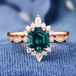K Solid Gold Ring Set Hexagon Cut Green Lab Created Emerald Ring For Women Engagement Wedding Band Gifts For Her Bridal Ring Set