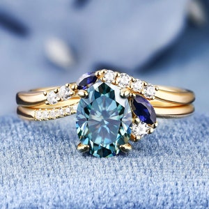 Oval Cut Cyan Blue Moissanite 925 Sterling Silver Ring Set For Women Engagement Wedding Band Gifts For Her Handmade Bridal Ring Set