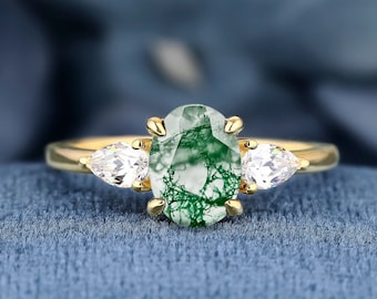 Oval Cut Natural Moss Agate 925 Sterling Silver Gemstone Ring Engagement Ring For Her Birthstone Unique Classic Design Three Stone Ring
