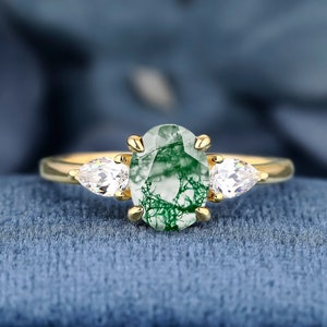 Oval Cut Natural Moss Agate 925 Sterling Silver Gemstone Ring Engagement Ring For Her Birthstone Unique Classic Design Three Stone Ring