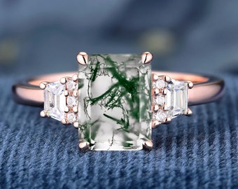 Luxury Natural Moss Agate Ring 925 Sterling Silver Ring Hot Sale Emerald Cut Gemstone Ring For Women Unique Handmade Silver Ring Anniversary