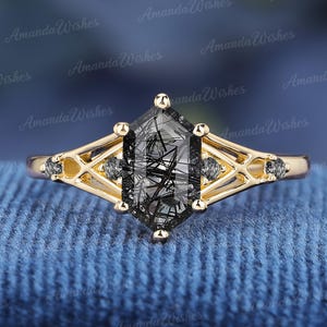 Unique Black Quartz Rutilated engagement ring Hexagon shape solid 14k gold bridal ring Anniversary handmade ring for her Black gemstone ring