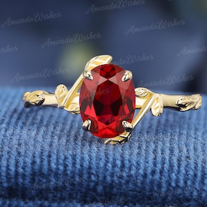 Ovale rode robijnrode bruidsring Vintage juli Birthstone massief gouden verlovingsring Solitaire ring Op de natuur geïnspireerde bladtrouwring voor vrouw