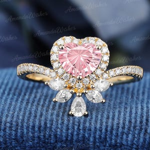 Heart shape Firework cut lab grown pink sapphire engagement ring Moissanite half-eternity bridal ring Solid gold wedding ring for women