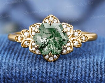 Anillo de boda de ágata musgosa natural para mujer, oro macizo de 14 quilates - Joyería nupcial con diseño de hojas naturales, anillo de promesa Art Déco, anillo de moissanita hecho a mano