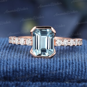 Emerald shape Natural Aquamarine engagement ring Vintage moissanite half-eternity wedding ring Solid gold bridal ring Anniversary gifts