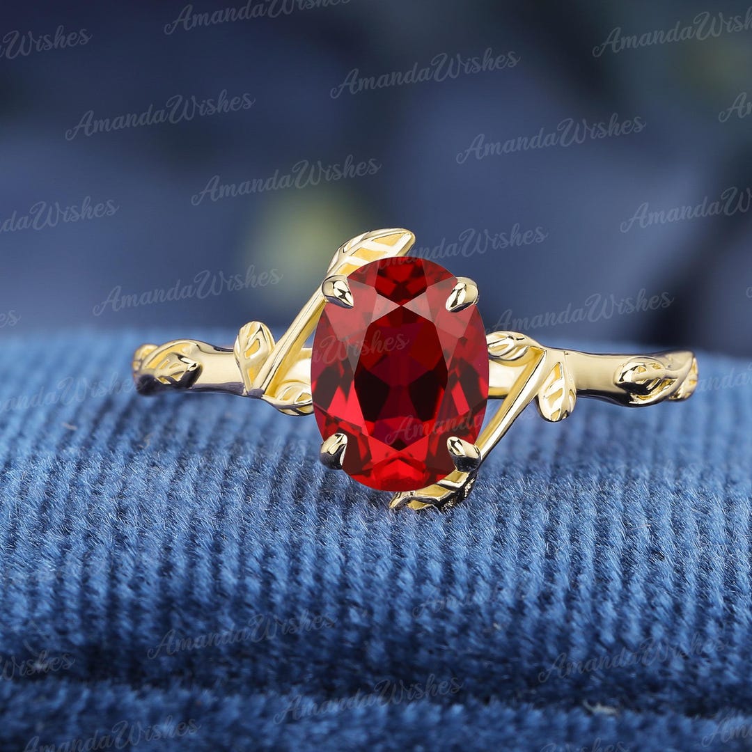 Ring Shape Red Oval Shape Red Ruby Bridal Ring Vintage July Birthstone Solid Gold ...