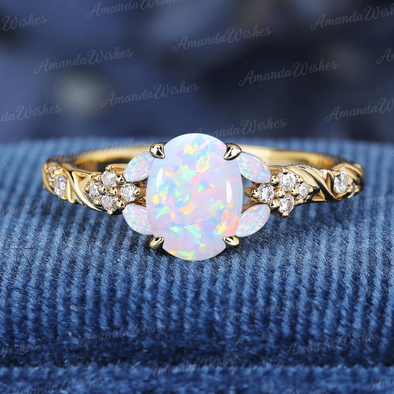 Oval Cut Opal Engagement Ring Solid Yellow Gold Bridal Ring Unique Leaf ...