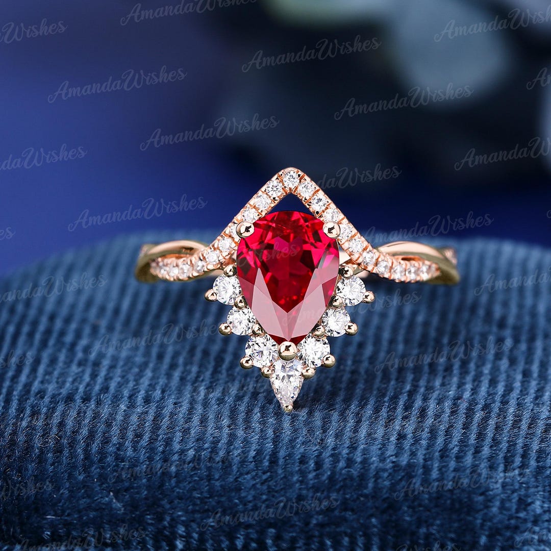 Red Ring Drop Teardrop Shape Red Ruby Engagement Ring Moissanite Solid 18k Gold ...