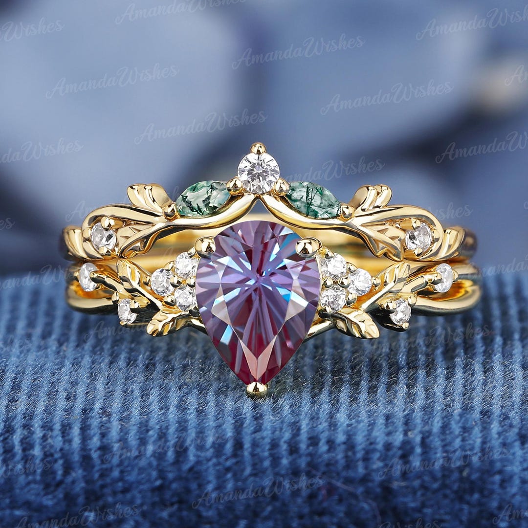 Firework Cut Lab Created Alexandrite Engagement Ring Set