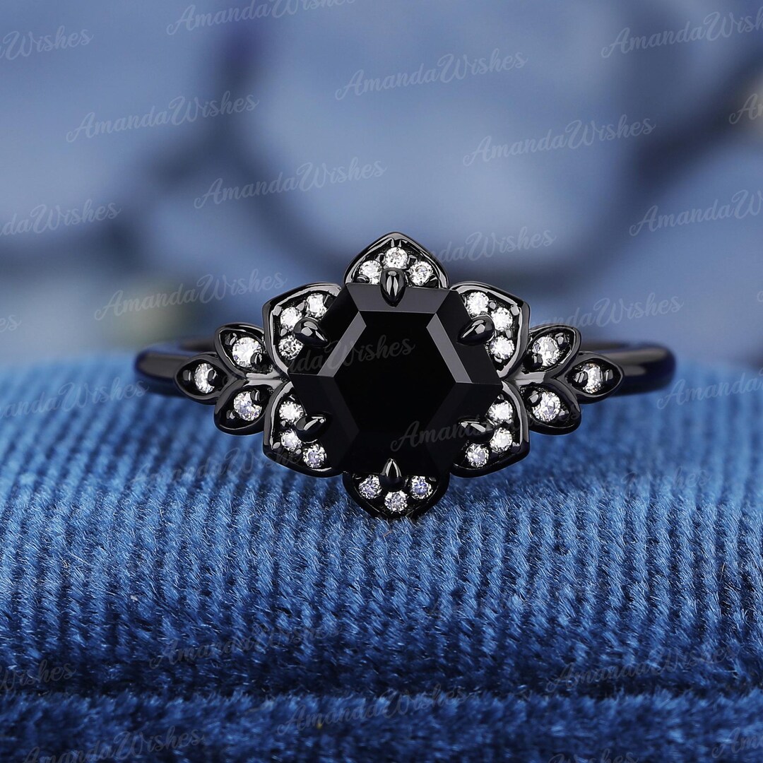 Natural Black Onyx Engagement Ring, 14K Black Gold - Nature Leaf
