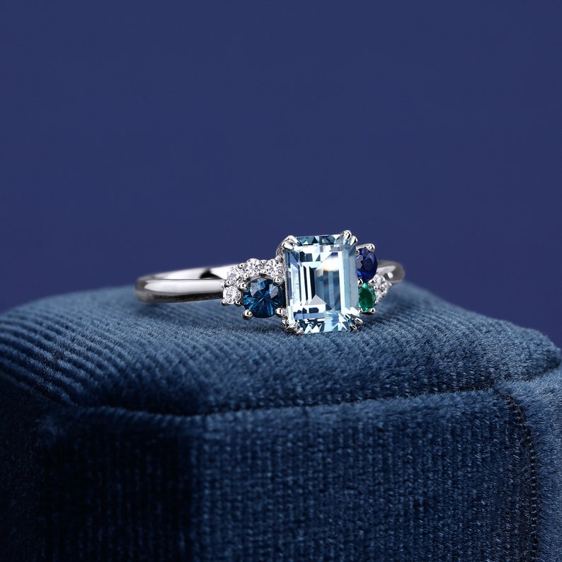 Emerald Cut Natural Aquamarine PT950 Platinum Ring For Women Engagement Wedding Band Luxury Handmade Ring Gifts For Her Gemstone Ring image 3