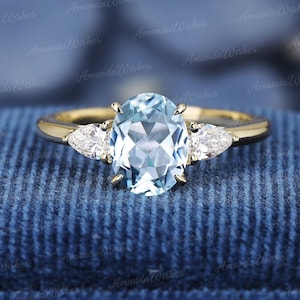 Solid Gold Birthstone Wedding Jewellry, Oval Natural Aquamarine Engagement Ring, Unique Three Stones Promise Ring, Moissanite Handmade Gifts