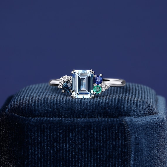 Emerald Cut Natural Aquamarine PT950 Platinum Ring For Women Engagement Wedding Band Luxury Handmade Ring Gifts For Her Gemstone Ring