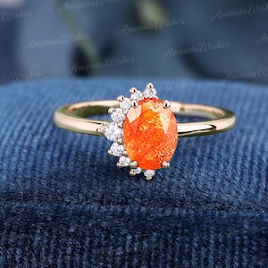 Anillo único de piedra preciosa naranja, anillo nupcial con piedra solar de corte ovalado, anillo vintage de oro macizo con moissanita, regalo de aniversario para esposa, anillo hecho a mano.