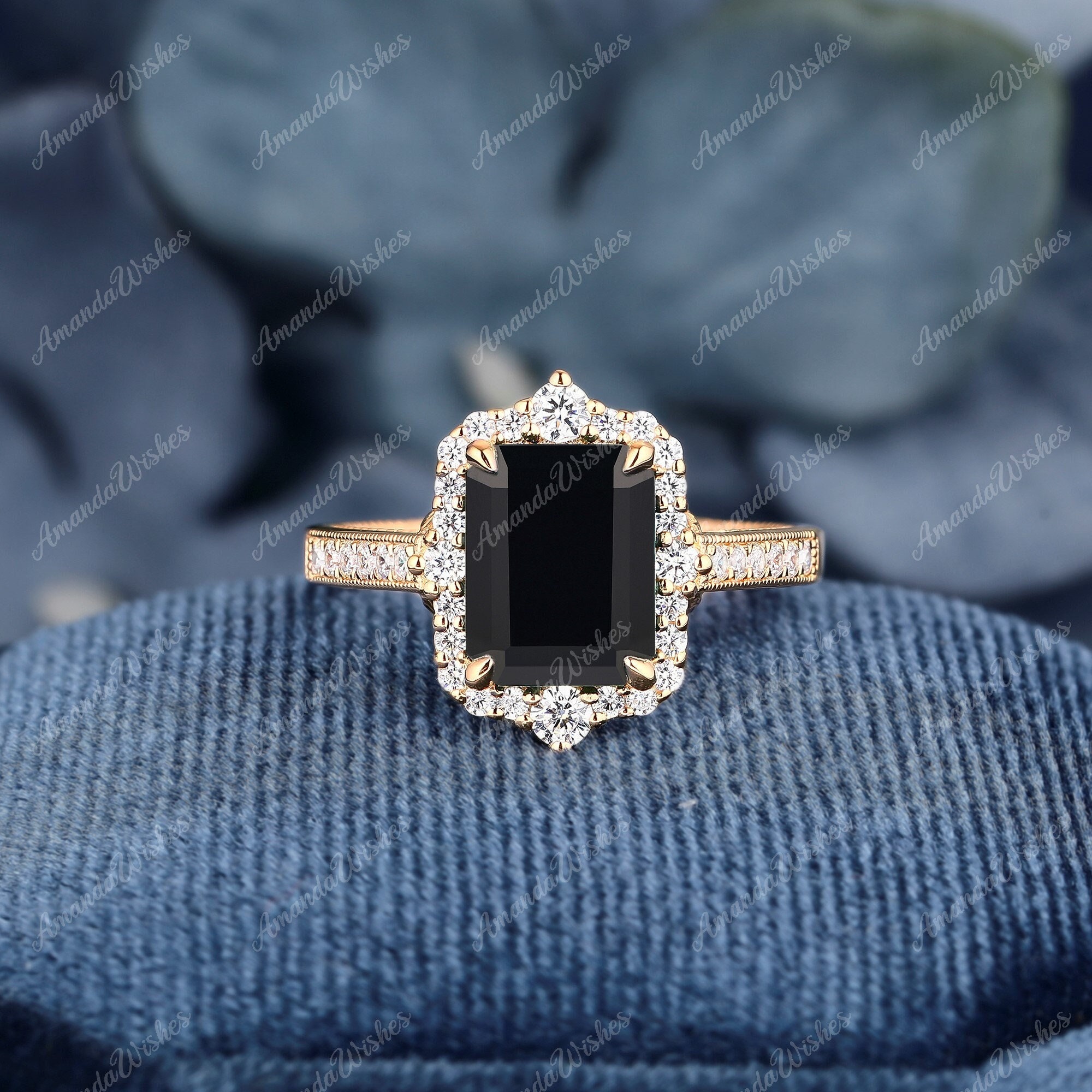 Emerald Cut Natural Black Onyx K Solid Gold Ring Promise Gifts for