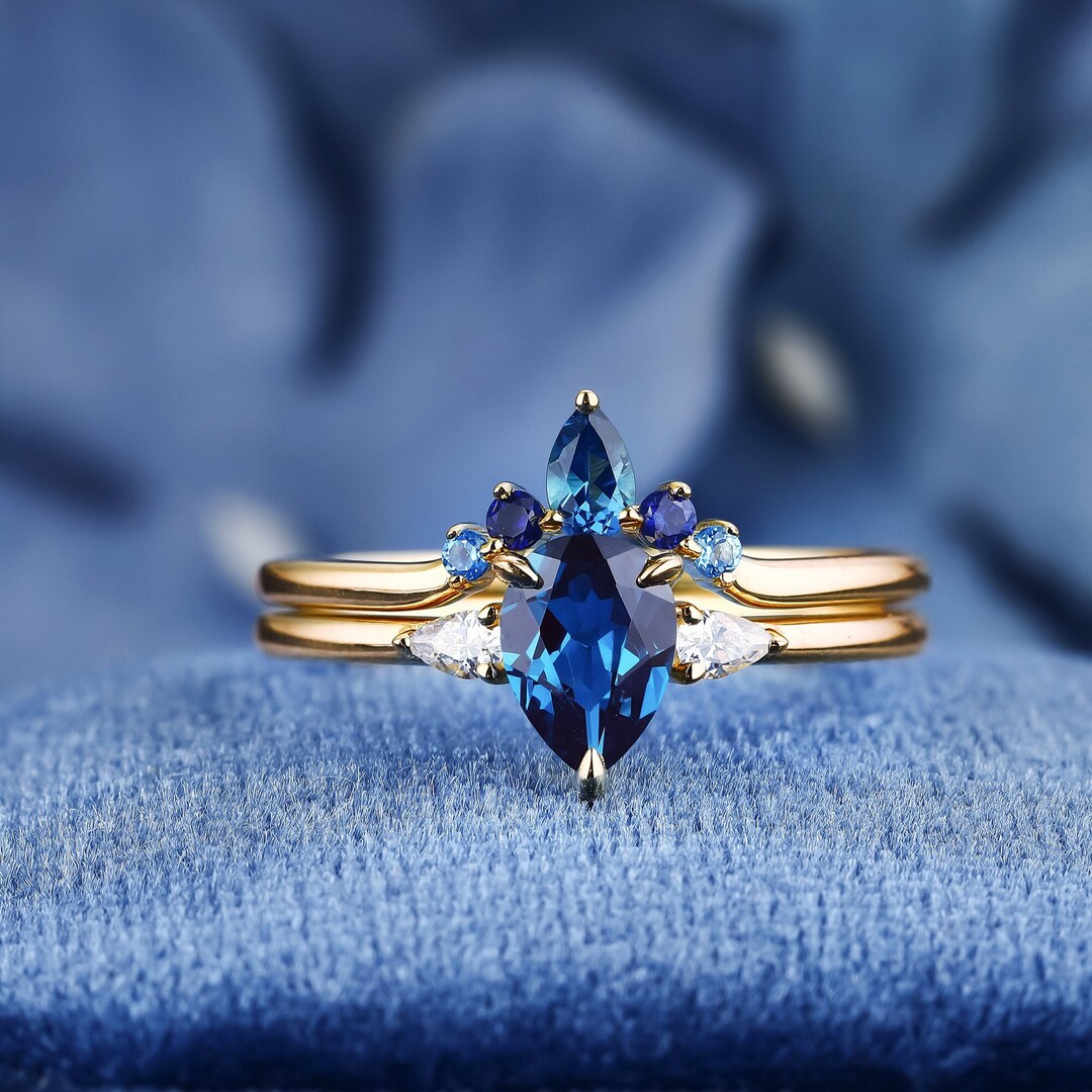 Pear Cut Natural London Blue Topaz 925 Sterling Silver Ring Set for ...
